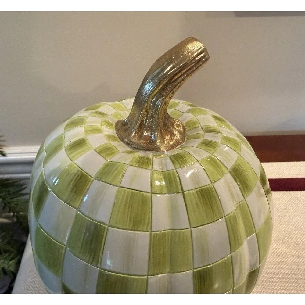 MacKenzie-Childs Moss Green Check Mini Pumpkin New IN BOX! Autumn Decor